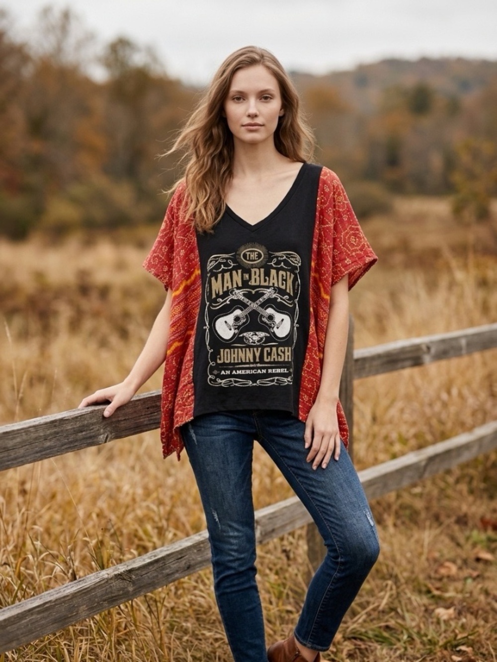 Handcrafted Upcycled Johnny Cash Kantha Tunic NWT One Size